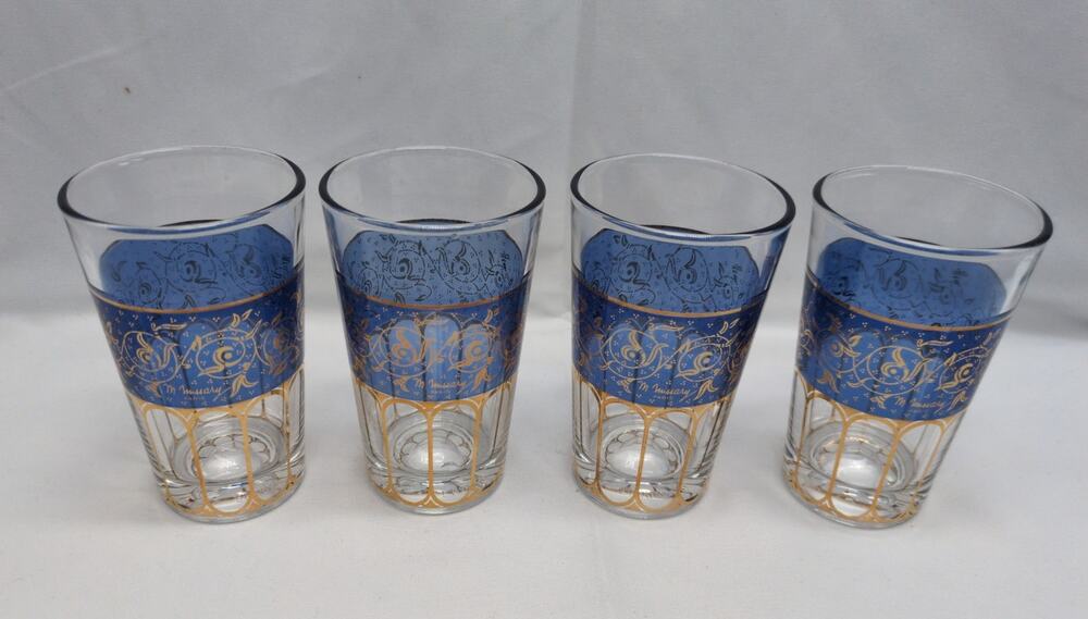 M Missary Paris Cobalt Blue Gold Moroccan Tea Glasses Tumblers Set of 4 Barware